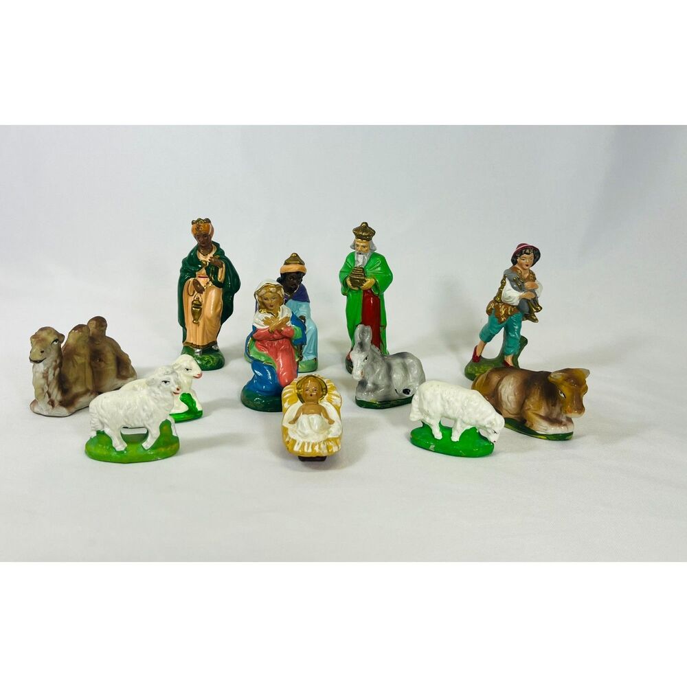 Vintage W. German Nativity Paper Mache Figurines Animals Mary Jesus Kings Sheep